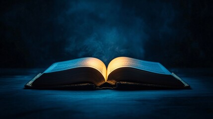 open book with glowing lights, magic fantasy book on blue background