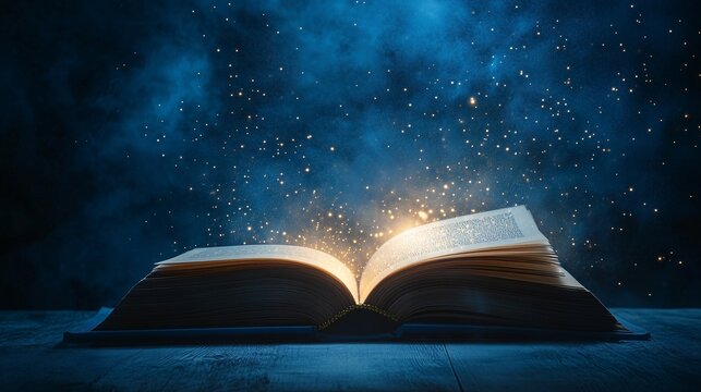 opening magic book with golden glitter lights, fantasy fairytale book