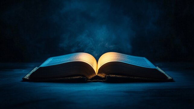 open book with glowing lights, magic fantasy book on blue background