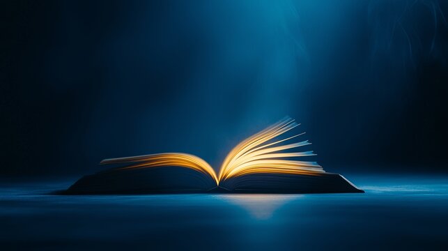 open book with glowing lights, magic fantasy book on blue background