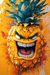 Angry Cartoon Pineapple Character with Exaggerated Features in Vibrant Colors for Playful Wall Decor