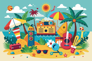 A lively beach party scene showcases colorful decorations, palm trees, and musical vibes for summer fun, Customizable beach party illustration with disproportionate elements.