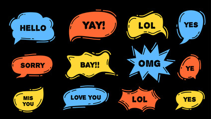 A collection of white speech bubbles in various sizes and shapes