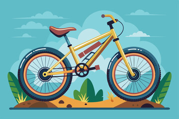 Fototapeta premium A bright bike stands against a lively backdrop of hills and plants, inviting outdoor exploration and fun, Customizable bike trial illustration with disproportionate features.