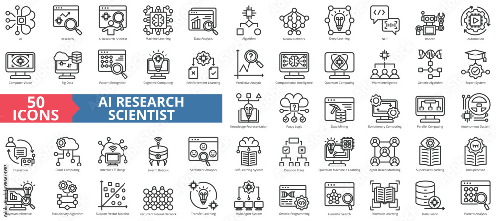 Poster AI research scientist icon collection set. Containing artificial intelligence, machine learning, data analysis, algorithm, neural network, deep, nlp icon. Simple line vector illustration.