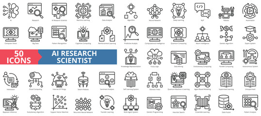 AI research scientist icon collection set. Containing artificial intelligence, machine learning, data analysis, algorithm, neural network, deep, nlp icon. Simple line vector illustration.