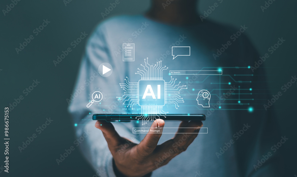 Poster Businessman use application on smartphone and use AI to assist something for development business. Artificial intelligence or AI technology for business concept. Futuristic digital technology.