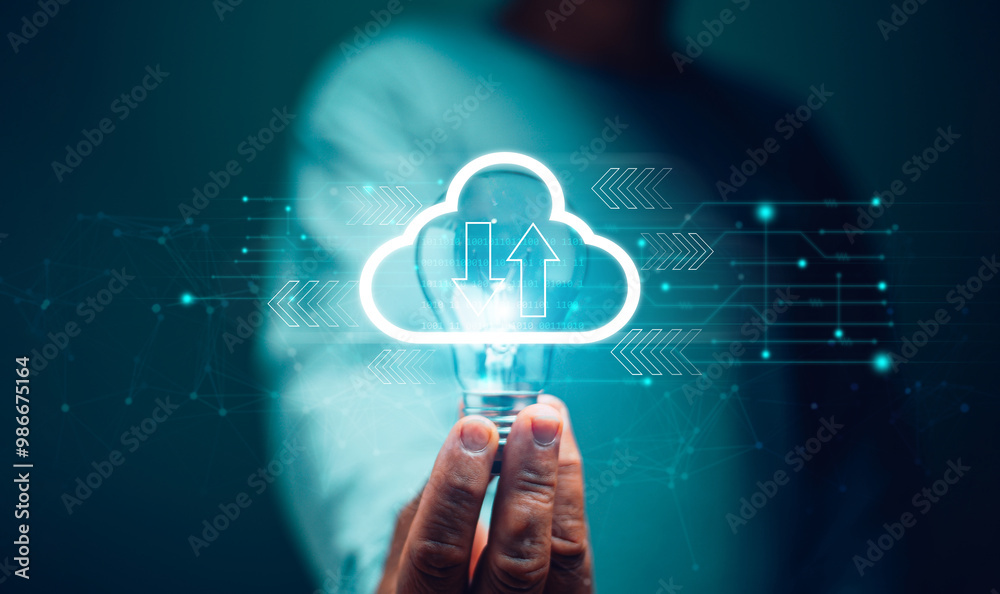 Poster Cloud digital network concept. Man holding lightbulb with virtual cloud computing for global internet connection, Innovation of data transfer technology, Knowledge, Digital link tech, big data.