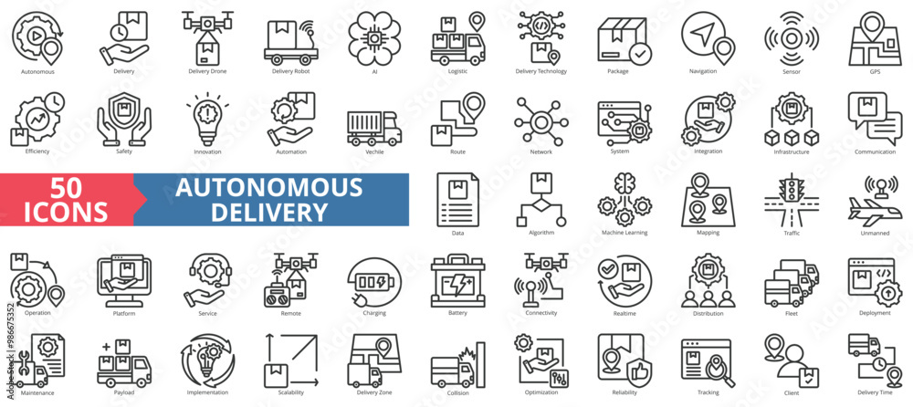 Poster Autonomous delivery icon collection set. Containing drone, robot, ai, logistic, technology, package, navigation icon. Simple line vector illustration.