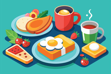 A colorful assortment of customizable breakfast items including toast, eggs, and fresh fruit on a table, Customizable breakfast food illustration in a semi-flat style.