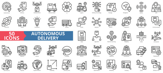 Autonomous delivery icon collection set. Containing drone, robot, ai, logistic, technology, package, navigation icon. Simple line vector illustration.