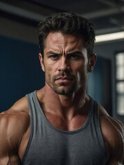 Obraz premium A muscular man in a sleeveless gray shirt gazes intensely while standing in a well-lit gym environment during the daytime.