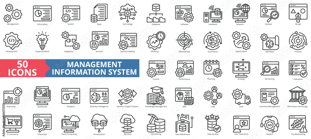 Wall mural management information system icon collection set. containing cloud computing, integration, data, te