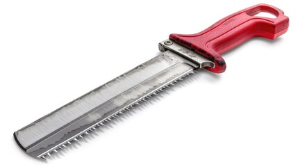 Obraz premium Powerful and sharp red metal handsaw an essential tool for heavy duty home improvement carpentry woodworking and construction projects