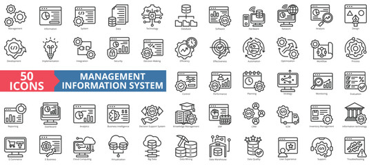 Management information system icon collection set. Containing cloud computing, integration, data, technology, database, software, hardware, network icon. Simple line vector illustration.