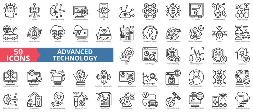
Advanced technology icon collection set. Containing ai, robotic, machine learning, quantum computing, ar, iot, blockchain, cryptocurrency icon. Simple line vector illustration.