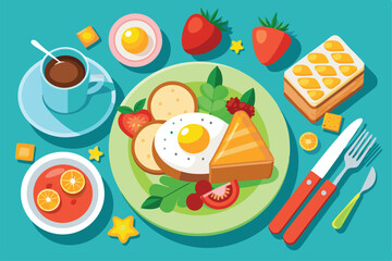 This colorful brunch includes eggs, toast, strawberries, and pastries, perfect for a delightful morning meal, Customizable brunch food with semi-flat illustration.