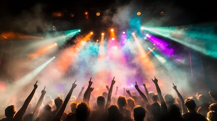 A large crowd of people with their arms raised in the air at a concert. The stage is brightly lit with colored spotlights.