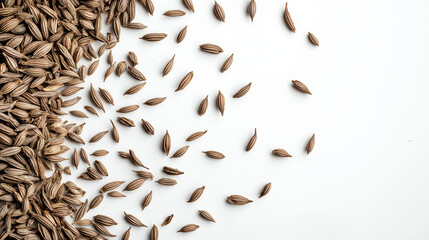 cumin seeds: a loose frame made from dried cumin seeds, scattered gently over a soft white background, the warm, earthy tones of the seeds create a subtle, natural texture
