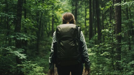 A solo female adventurer walking through a dense forest, equipped with a backpack and hiking gear, fully immersed in the natural surroundings.