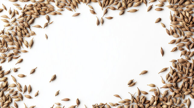 cumin seeds: a loose frame made from dried cumin seeds, scattered gently over a soft white background, the warm, earthy tones of the seeds create a subtle, natural texture