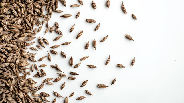 cumin seeds: a loose frame made from dried cumin seeds, scattered gently over a soft white background, the warm, earthy tones of the seeds create a subtle, natural texture