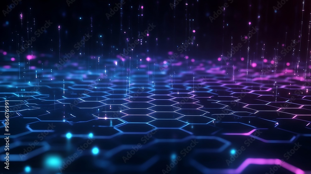 Aufkleber abstract digital background with glowing hexagons and falling particles in blue and purple tones.
