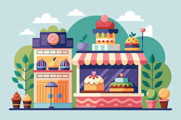 Obraz premium A vibrant cake shop showcases delicious treats with creative illustrations and a welcoming atmosphere, Customizable cake shop with unique illustrations.
