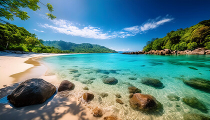 Fototapeta premium Tropical beach with clear waters and lush greenery under a blue sky