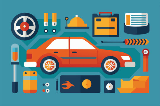 A selection of car accessories and tools showcased alongside a bright orange sedan design for customization, Customizable car accessories with semi-flat illustrations.