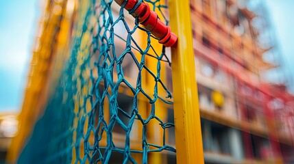 Close-up of a Blue Net and Yellow and Red Scaffolding