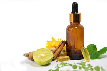 Medical herbs and tinctures alternative medicine. essential oil, medical alternatives, Herbs, Spices and other organic remedies, Closeup Homeopathy medicine, white background. dropper bottle, leaves