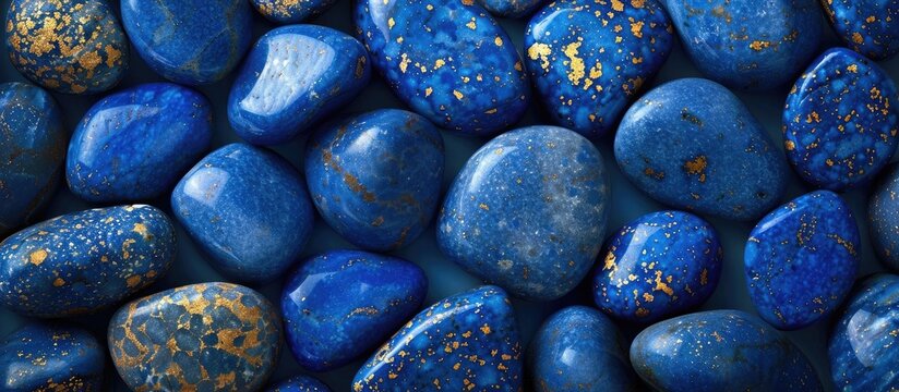 Sparkling Blue Gemstone Texture   Elegant Natural Mineral Pattern Background  Closeup of shiny glittery navy blue pebbles or stones with metallic gold and teal accents  Decorative luxurious