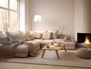 Wabi sabi and japandi style living room interior with beige walls and reclaimed wood rustic furniture in light colors and simple rustic artwork on the wall. Chunky knits.
