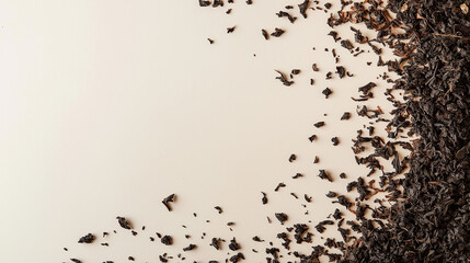 loose leaf black tea: a loose frame made from loose leaf black tea, arranged sparsely across a light cream background, the deep brown tones of the tea contrast gently with the light surface