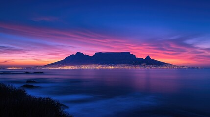 Beautiful silhouette of Table Mountain towering above Cape Town's vibrant skyline, glowing with city lights and a dramatic sunset backdrop