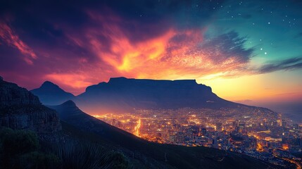 Fototapeta premium Beautiful silhouette of Table Mountain towering above Cape Town's vibrant skyline, glowing with city lights and a dramatic sunset backdrop