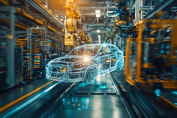 Fototapeta premium Abstract composition of AIdriven workshop scheduling automotive repair and maintenance showing how AI optimizes repair shop operations based on realtime data