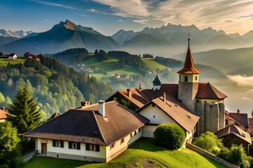 Fototapeta premium Panorama of Gruyères Explore the Medieval Village and Castle in La Gruyère, Switzerland