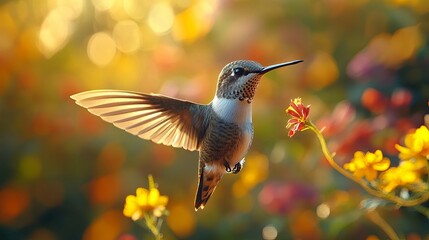 Fototapeta premium A Hummingbird in Flight, Hovering Near a Flower, with a Golden Blurred Background