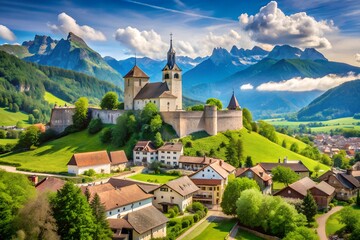 Fototapeta premium Panorama of Gruyères Explore the Medieval Village and Castle in La Gruyère, Switzerland