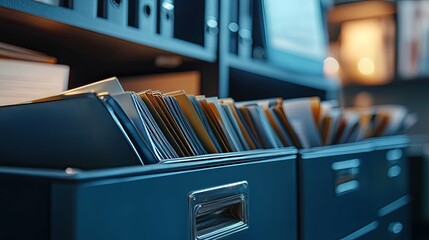 Close-up of a Filing Cabinet Drawer with Stacks of Papers