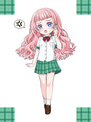 スマホで電話するピンクの髪の女の子。日本のアニメ風のイラスト。チェック柄のシームレステクスチャ付き