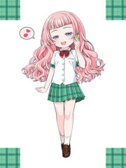 スマホで電話するピンクの髪の女の子。日本のアニメ風のイラスト。チェック柄のシームレステクスチャ付き