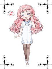 スマホで電話するピンクの髪のかわいい看護師。日本のアニメ風のイラスト。アンティークの注射器をモチーフにしたコーナー飾り付き