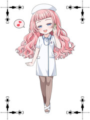 スマホで電話するピンクの髪のかわいい看護師。日本のアニメ風のイラスト。アンティークの注射器をモチーフにしたコーナー飾り付き