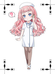 スマホで電話するピンクの髪のかわいい看護師。日本のアニメ風のイラスト。アンティークの注射器をモチーフにしたコーナー飾り付き