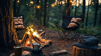 A promotional image for outdoor coffee break experiences, featuring a cozy setup in the woods, complete with a campfire, comfortable seating, and hot coffee.