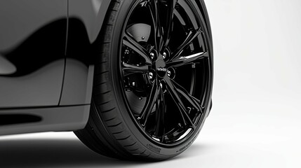 Close-up of a Black Car Wheel with Spokes and Tire