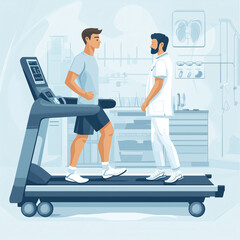Fototapeta premium A man is running on a treadmill while a doctor watches him. The doctor is wearing a white coat and is standing behind the man. The scene is set in a hospital or a medical facility
